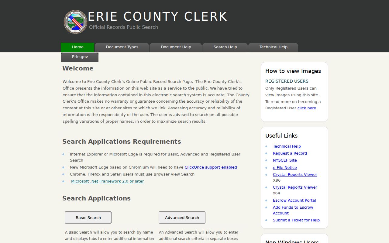 Town of Tonawanda street directory Erie County Clerk records-search landing page